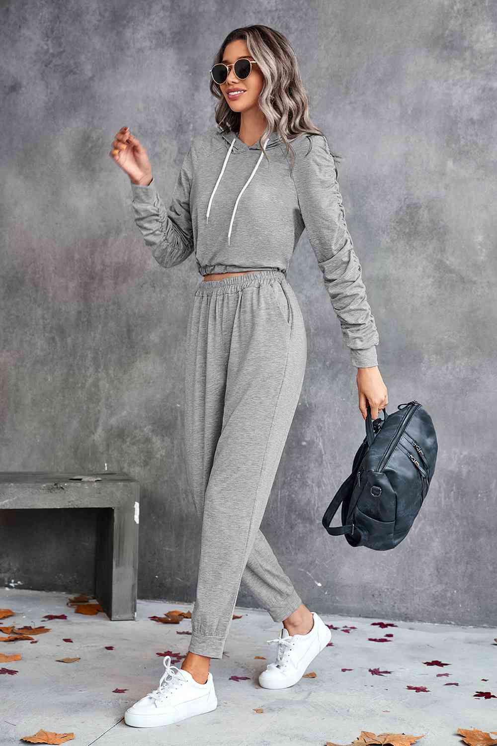 Ruched Raglan Sleeve Hoodie and Joggers Set