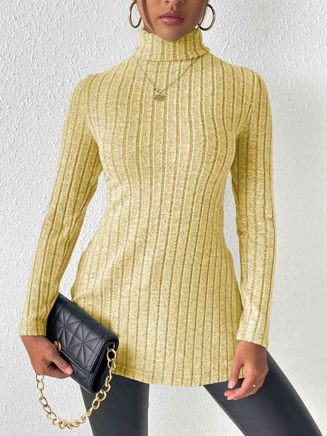 Ribbed Turtleneck Long Sleeve Slit T-Shirt