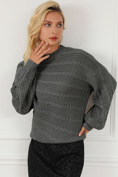 Cable-Knit Mock Neck Dropped Shoulder Sweater