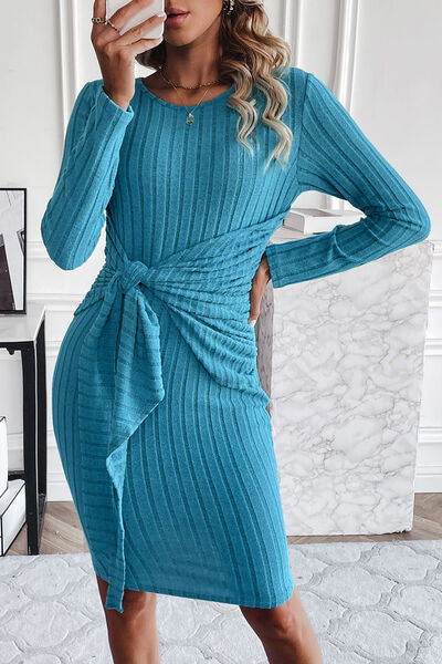 Ribbed Tied Long Sleeve Wrap Dress