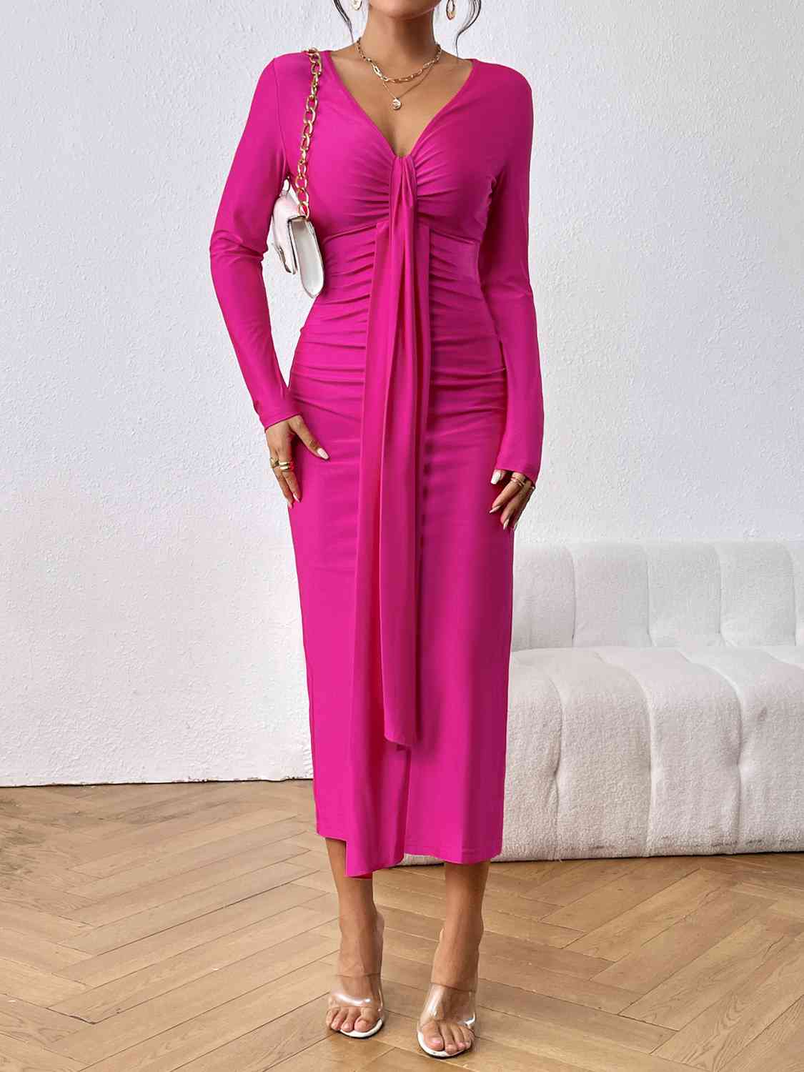 Long Sleeve Ruched Split Dress