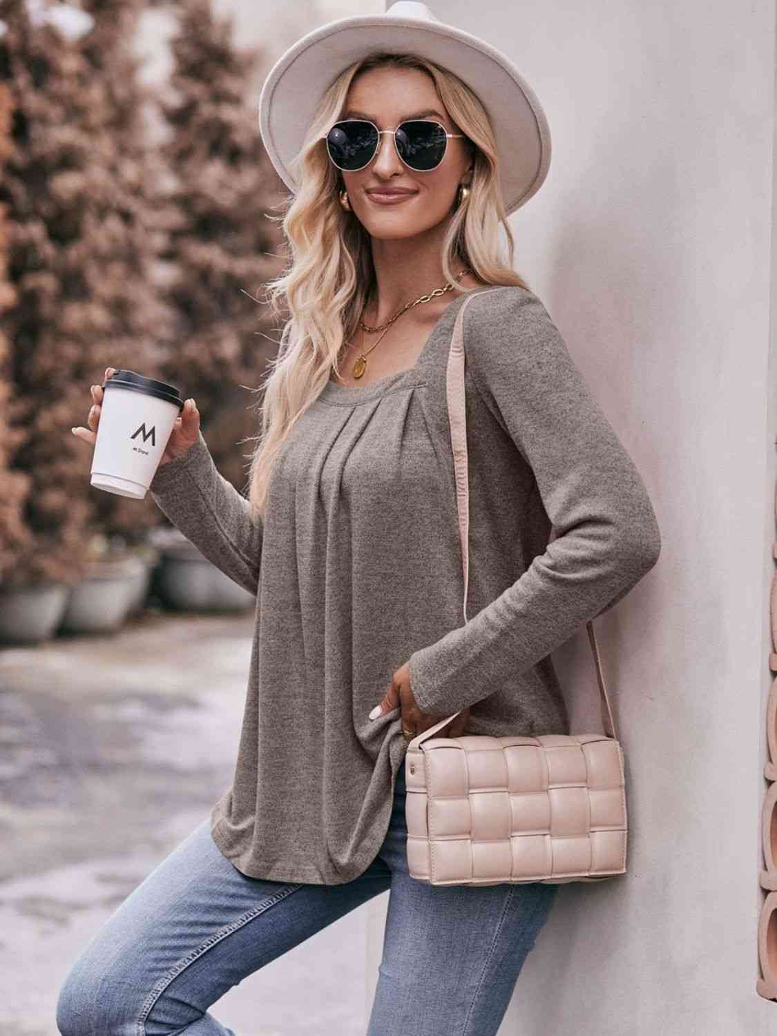 Double Take Pleated Detail Curved Hem Long Sleeve Top