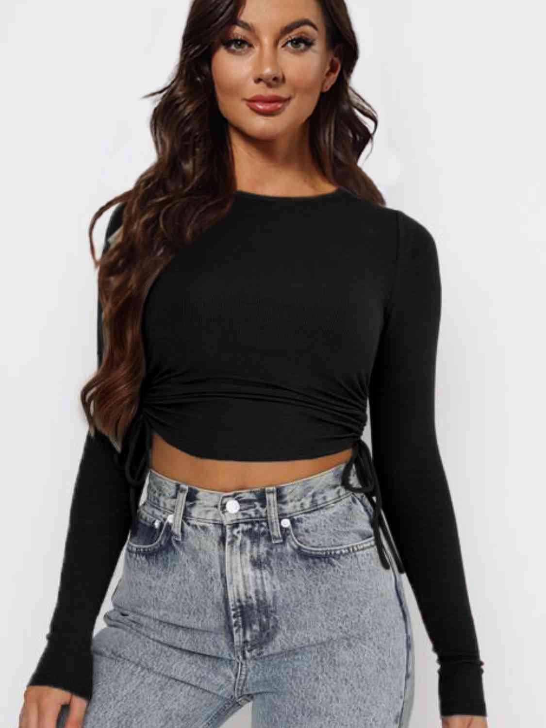 Drawstring Round Neck Long Sleeve Top