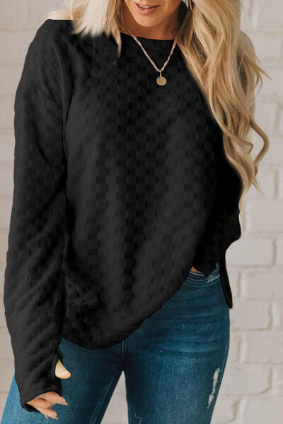 Checkered Round Neck Long Sleeve T-Shirt