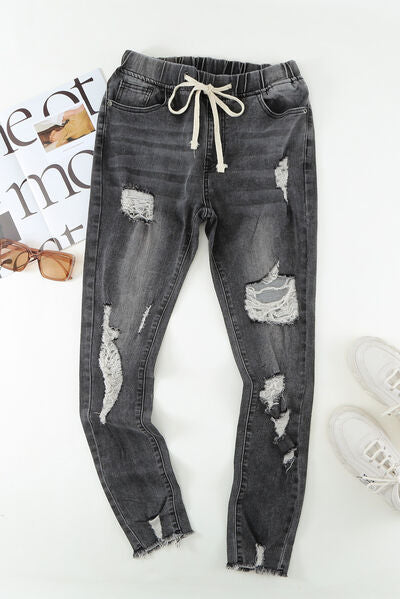 Drawstring Distressed Raw Hem Jeans with Pockets