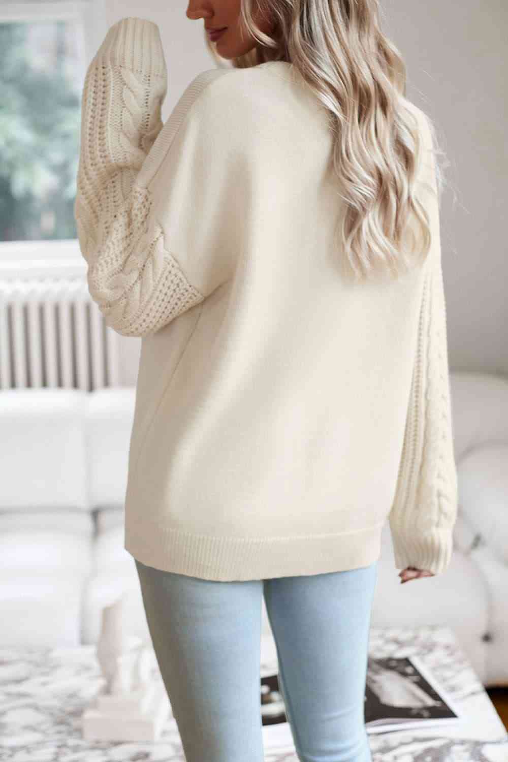 Cable-Knit Round Neck Drop Shoulder Sweater