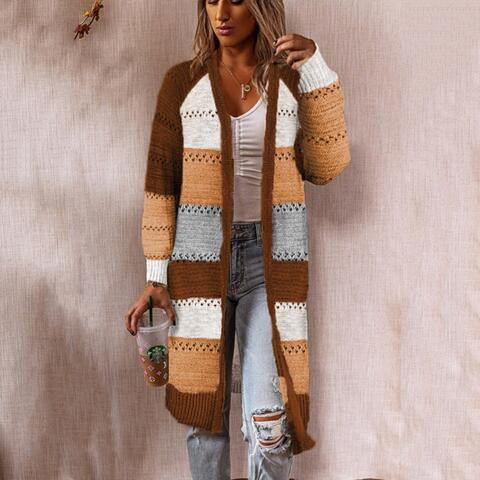 Color Block Open Front Openwork Cardigan