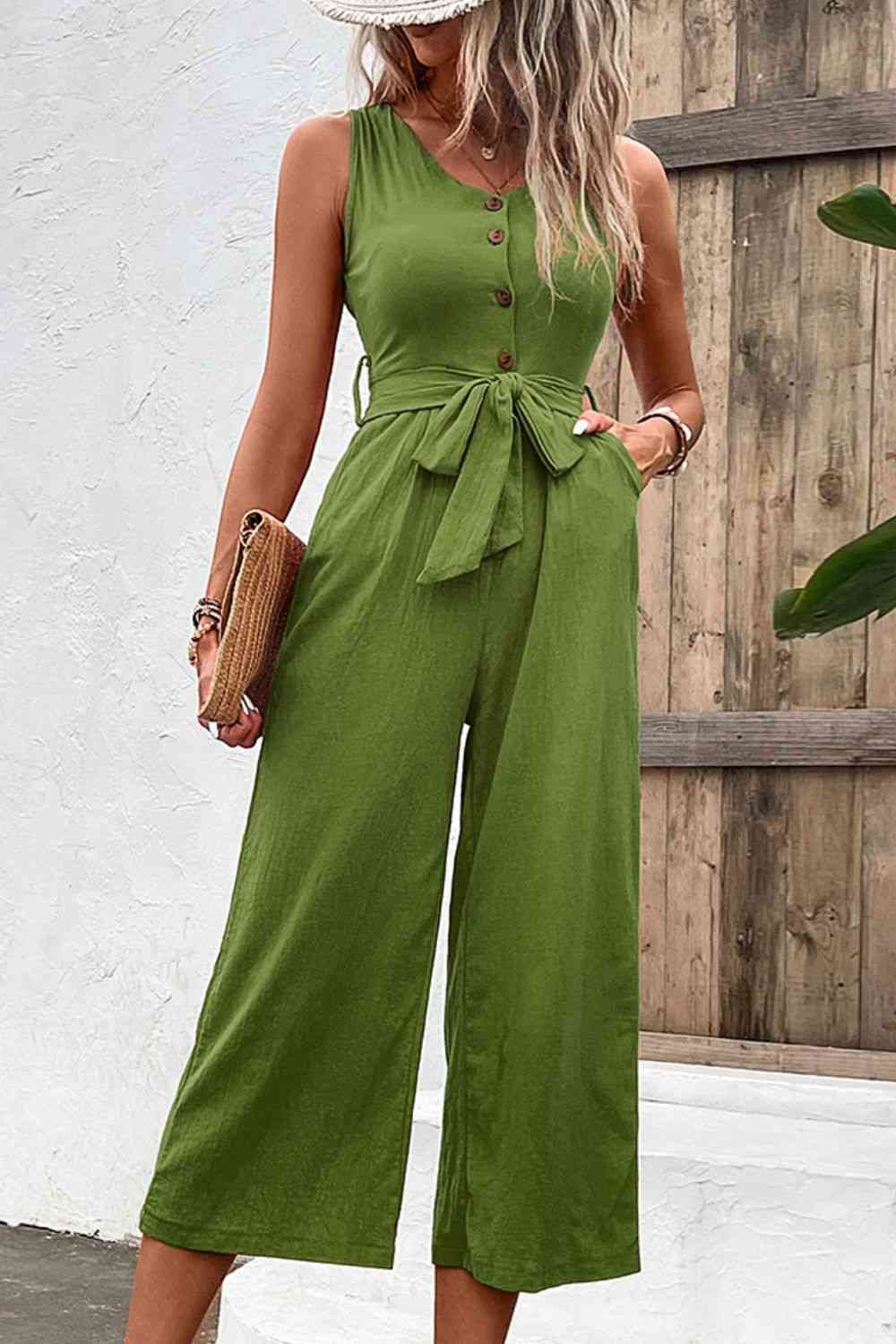 Tie Belt Sleeveless Jumpsuit with Pockets