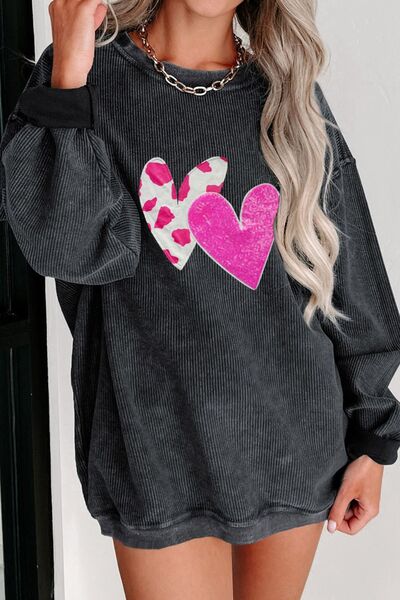 Heart Round Neck Dropped Shoulder Sweatshirt